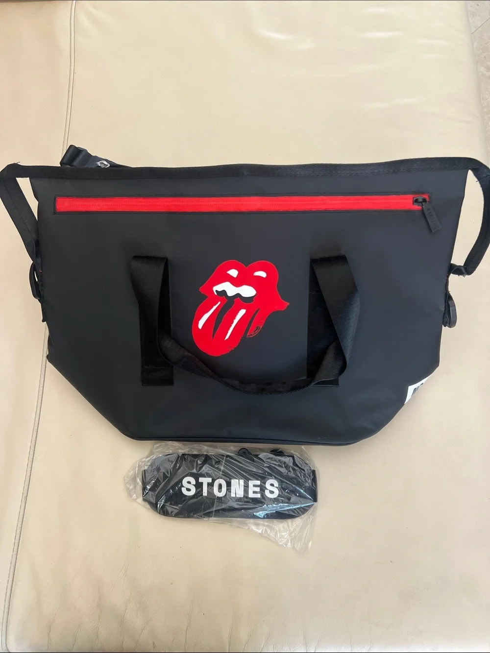 Rolling Stones Black Insulated Tote Bag with Iconic Red Tongue Logo